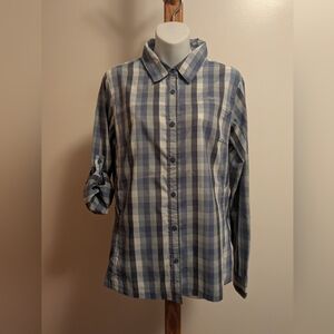 Columbia OmniShade Blue and White Plaid Button-Up Shirt Lg